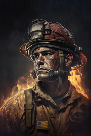 Firefighter face portrait, fireman looks at camera, illustration, generative AI. Vertical view of rescue man wearing uniform. Concept of hero, usa, rescue, emergency, department, tired, exhaustedの素材