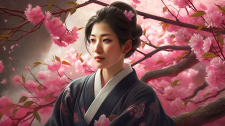 Asian young woman near sakura, pretty girl portrait and cherry flowers, generative AI. Beautiful Japanese woman in kimono in spring. Concept of Japan, fashion, pink blossom, park, nature.の素材