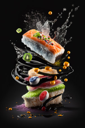 Sushi pieces and soy sauce flying in air, Japanese food on black background, generative AI. Sushi with rice, salmon, wasabi and splash. Concept of splash, Japan, Asian meal, gourmet, seafood.の素材