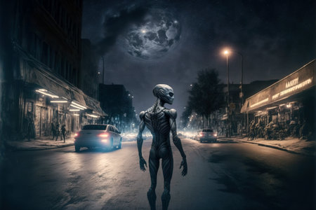 Gray alien from deep space on city street, extraterrestrial humanoid at night, generative AI. Spooky creature in our world. Concept of ufo, paranormal, fantasy, x-files, sci-fi. 3d art Illustrationの素材