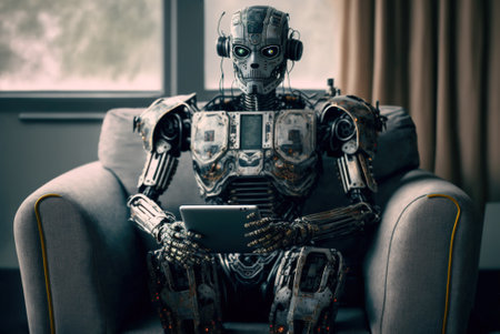 AI robot uses digital tablet sitting in armchair in house room, generative AI. Futuristic humanoid robot playing gadget at home. Concept of technology, learning, communication, future. Illustrationの素材