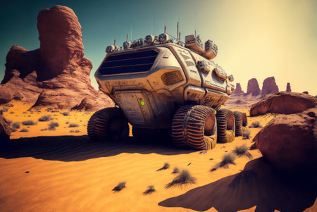 Mars rover during mission, futuristic space vehicle on alien planet surface, generative AI. Deserted landscape with truck on sand. Concept of sci-fi, technology, science, travel, robot, wallpaperの素材
