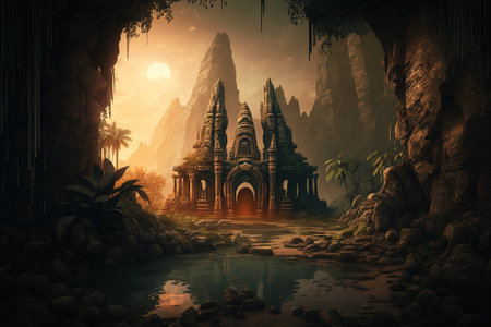 Temple ruins in fantasy mountains, old stone building in jungle, generative AI. Landscape of tropical forest and mystery construction. Concept of travel, nature, rainforest, adventure, summerの素材
