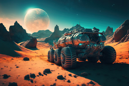 Mars rover during mission, futuristic space vehicle on alien planet surface, generative AI. Deserted landscape with truck on sand. Concept of sci-fi, technology, science, travel, robot, wallpaperの素材