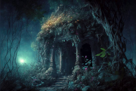 Vintage temple in jungle at night, old ruins in fantasy tropical forest, generative AI. Landscape with old stone monument and magic mystic light. Concept of nature, travel, mystery and fairytaleの素材