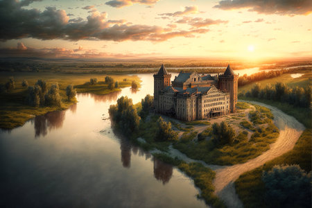 Castle by river at sunset, landscape in summer, generative AI. Aerial view of old building, valley, road and sunny sky, illustration. Concept of nature, scenery, pastoral, digital painting, 3d art.の素材
