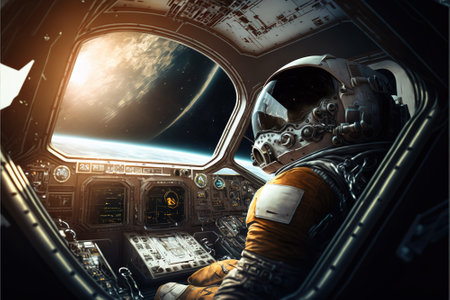 Astronaut in spaceship cockpit, spacecraft control room interior, generative AI. Inside futuristic space shuttle, cabin window view of planet. Concept of technology, future, travel, station, 3d art.の素材