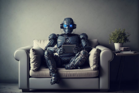 AI robot uses digital tablet sitting on couch in comfort at home, generative AI. Futuristic humanoid robot playing gadget in house room. Concept of technology, learning, communication, futureの素材