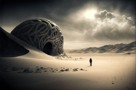 Alien planet in deep space, astronaut near extraterrestrial building, generative AI. Landscape of mystery terrain, futuristic view. Concept of sci-fi, technology, exploration, science. Illustration.の素材