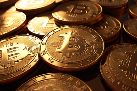 Bitcoin pile background, digital crypto currency bit coins close-up, generative AI. Many of gold bitcoins as virtual money, btc. Concept of online payment, mining, network business, finance, future.の素材