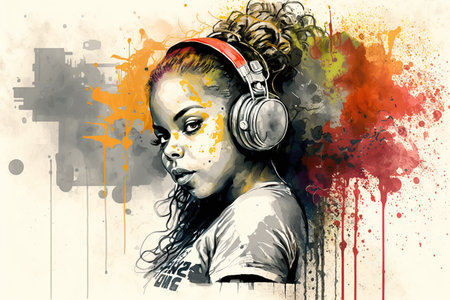 Black girl listens music, realistic portrait of modern teenage, watercolor illustration. Young female person in urban outfit with headphones. Theme of playlist, youth, song, teen, paint.の素材
