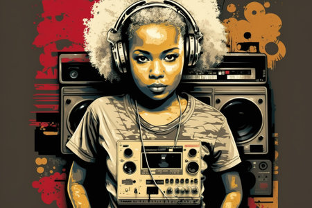 Hip hop and cool black girl concept, young woman listen music on street, illustration. Female person in modern urban outfit with headphones and boom box. Theme of rap, rnb, youth, radio, paint.の素材