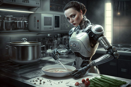 Female robot cooks in kitchen, humanoid AI android thinks at stove, generative AI. Futuristic woman robot does housework. Concept of technology, future, utopia, development, housekeeper, scienceの素材