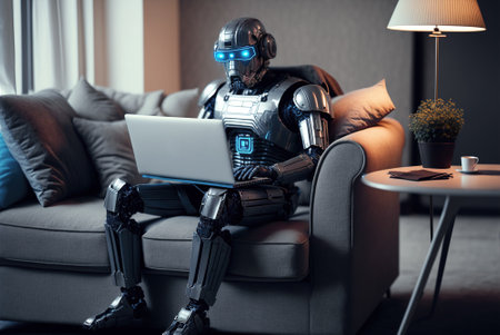 AI robot uses computer notebook sitting on couch at home, generative AI. Futuristic humanoid android works with laptop in house room. Concept of technology, hacker, game, future. 3d Illustrationの素材