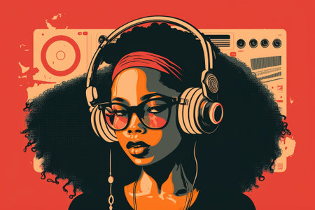 Black girl listens hip hop music, portrait of fictional young woman, illustration, generative AI. Female person in modern urban outfit with headphones and boom box. Theme of rap, rnb, youth, paintの素材