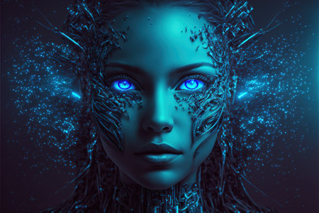 AI or artificial intelligence concept, futuristic portrait of fictional cyborg woman, generative AI. Human and magic digital technology in the future. Theme of robot, network, machine and research.の素材