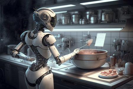 Female robot cooks in kitchen, humanoid AI android stands at stove, generative AI. Futuristic woman robot does housework. Concept of technology, future, utopia, development, housekeeper, scienceの素材