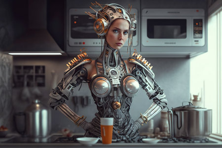 Female robot cooks in kitchen, humanoid AI android stands at stove, generative AI. Futuristic woman robot does housework. Concept of technology, future, utopia, development, housekeeper, scienceの素材