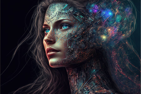 Humanoid robot with artificial intelligence, futuristic fictional young woman android, generative AI. Cyborg portrait, future technology. Concept of soul, psychology, knowledge, research. Illustrationの素材