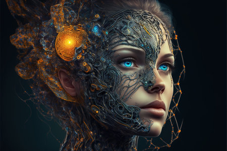 Humanoid robot with artificial intelligence, futuristic fictional young woman android, generative AI. Cyborg portrait, future technology. Concept of soul, psychology, knowledge, research. Illustrationの素材