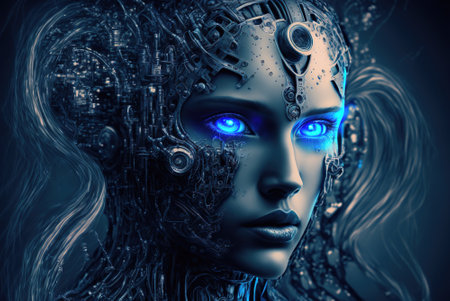 AI robot, portrait of fictional beautiful girl with artificial intelligence, generative AI. Futuristic woman cyborg, future technology. Concept of soul, psychology, mind, identity, research, humanoidの素材