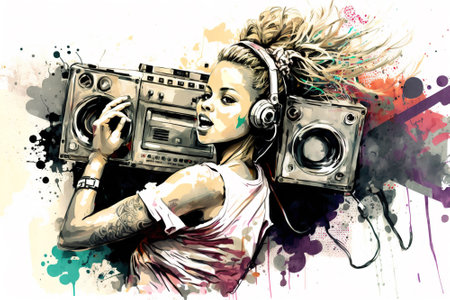 Black girl listens hip hop music, portrait of fictional young woman, illustration, generative AI. Female person in modern urban outfit with headphones and boom box. Theme of rap, rnb, youth, paintの素材