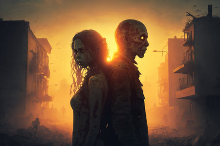 Zombie couple in destroyed city, man and woman at post apocalypse, generative AI. Spooky walking dead people in apocalyptic scene after world war at sunset. Concept of fantasy, undead, dystopiaの素材