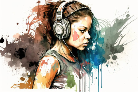 Black girl listens music, realistic portrait of sad modern teenage, watercolor illustration. Young female person in urban outfit with headphones. Theme of playlist, youth, song, teen, paint.の素材