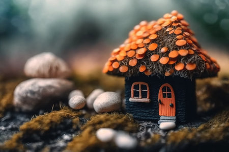 Fantasy home of tiny wood dweller, macro view of fairy tale hut, generative AI. Scenery of fairy tale house on dark forest background. Concept of magic, nature, mystery, fabulous habitation.の素材
