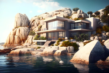 Luxury villa by sea at sunset, exterior of modern house on rocky shore, generative AI. Landscape with residential building in the forest. Concept of architecture, design, nature, summer.の素材