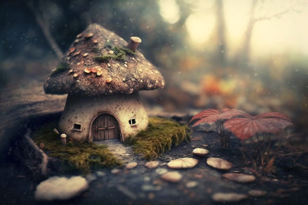 Fantasy home of tiny wood dweller, macro view of fairy tale hut, generative AI. Scenery of fairy tale house on dark forest background. Concept of magic, nature, mystery, fabulous habitation.の素材