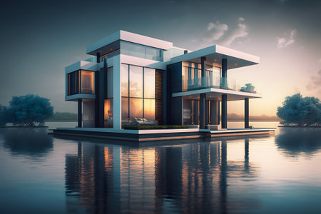 Luxury villa on water after sunset, exterior of modern home at river or lake, generative AI. Landscape with residential house in the forest. Concept of architecture, design, nature, summer.の素材
