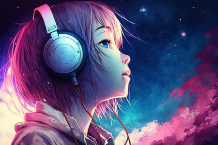 Anime girl with headphones listens music, portrait of teenager, illustration, generative AI. Teen girl dreams at night. Concept of playlist, technology, face, school, Japan, cartoon, student.の素材