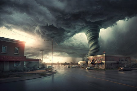 Tornado storm destroying houses, strange hurricane twister hits city, generative AI. Cyclone whirlwind and road. Theme of disaster, damage, weather, destruction, nature, danger and wasteland.の素材