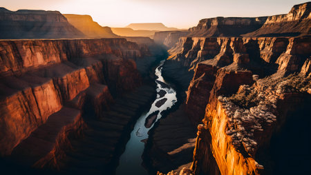 Grand Canyon at sunrise, panorama of rocky mountains in Arizona, USA, generative AI. Landscape of national park, scenery of river and rocks. Theme of desert, travel, nature, background, summerの素材