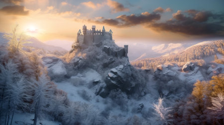 Castle on mountain top in winter, landscape with snowy forest and citadel, generative AI. Fairytale scenery of old medieval building, sky and snow at sunset. Concept of nature, fairy tale, Alps.の素材