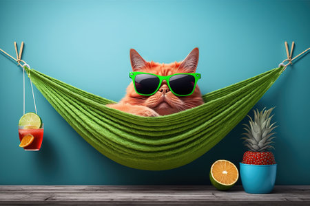 Cat in sunglasses relaxes on hammock, funny pet on vacation, generative AI. Ginger lazy cat rests in room like on beach. Concept of travel, humor, summer, weekend, interior.の素材
