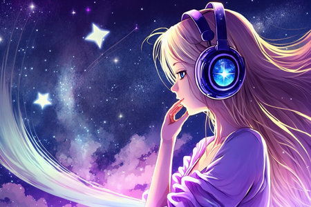 Cute girl with headphones listens music, portrait of teenager, illustration, generative AI. Teen girl dreams at night. Concept of playlist, technology, face, school, Japan, cartoon, student.の素材