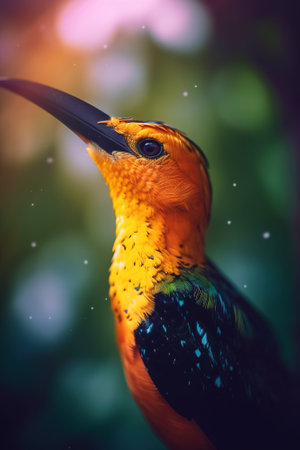 Exotic bird in tropical forest, bright animal in jungle close-up, generative AI. Colorful wild bird in green leaves of rainforest in summer. Concept of nature, wildlife, garden, park, fauna.の素材
