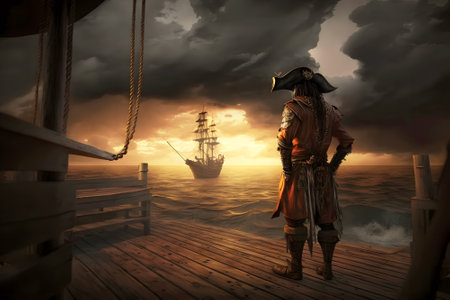 Pirate stands in port overlooking old sailing ships in sea at sunset, generative AI. Scenery of vintage wooden pier, beautiful sky and water in summer. Concept of fantasy, Caribbean, medieval harborの素材