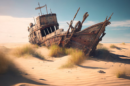 Shipwreck on sea beach, wreck of old rusty ship or boat on sand, generative AI. Scenery of vintage derelict vessel and sky in summer. Concept of travel, nature, landscapeの素材