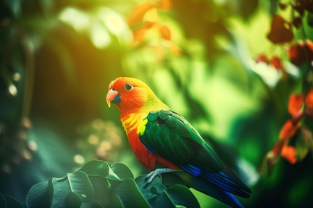 Parrot bird in tropical forest, bright animal in jungle close-up, generative AI. Colorful wild bird in green leaves of rainforest in summer. Concept of nature, wildlife, garden, park, exotic fauna.の素材