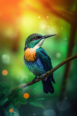 Exotic bird in tropical forest, bright animal in jungle close-up, generative AI. Colorful wild bird in green leaves of rainforest in summer. Concept of nature, wildlife, garden, park, fauna.の素材