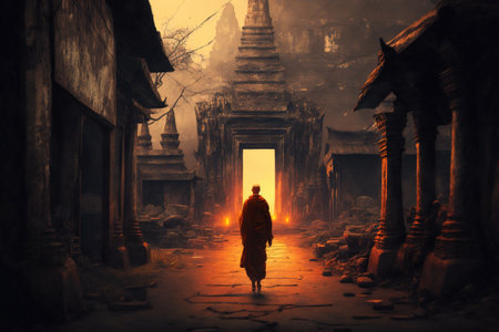 Buddhist monk walking at old temple at sunset, ancient oriental architecture, generative AI. Asian master man on dark vintage background. Concept of Buddhism, travel, culture, way.の素材