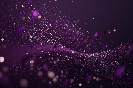Neon abstract background with small flying purple confetti, generative AI. Pattern of luxury bubbles, glitter and sparkles, modern magic affect. Theme of splash, texture, swirl.の素材