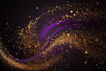 Neon abstract background with small flying purple and golden confetti, generative AI. Pattern of luxury bubbles, glitter and sparkles, modern magic affect. Theme of splash, texture, swirl.の素材
