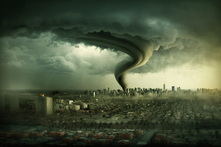 Tornado storm hits city, hurricane twister destroying buildings, generative AI. Cyclone whirlwind over town. Theme of disaster, damage, weather, destruction, nature, danger and wasteland.の素材