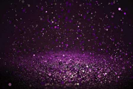 Neon abstract background with small flying purple confetti, generative AI. Pattern of luxury bubbles, glitter and sparkles, modern magic affect. Theme of splash, texture, swirl.の素材