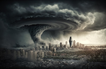 Tornado storm hits city, hurricane twister destroying buildings, generative AI. Cyclone whirlwind over town. Theme of disaster, damage, weather, destruction, nature, danger and wasteland.の素材