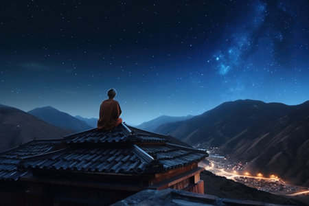 Buddhist monk sits on temple roof and looks at starry sky at night, generative AI. Asian master man meditating in mountains. Concept of buddhism, peace, prayer, meditationの素材
